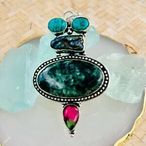 925 Sterling Meteorite Jasper, Tourmaline, Turquoise Pendant